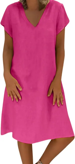Womens Cotton Linen Sun Dress Short Sleeve V-Neck Beach Dress Solid Color Lightweight Casual Dresses