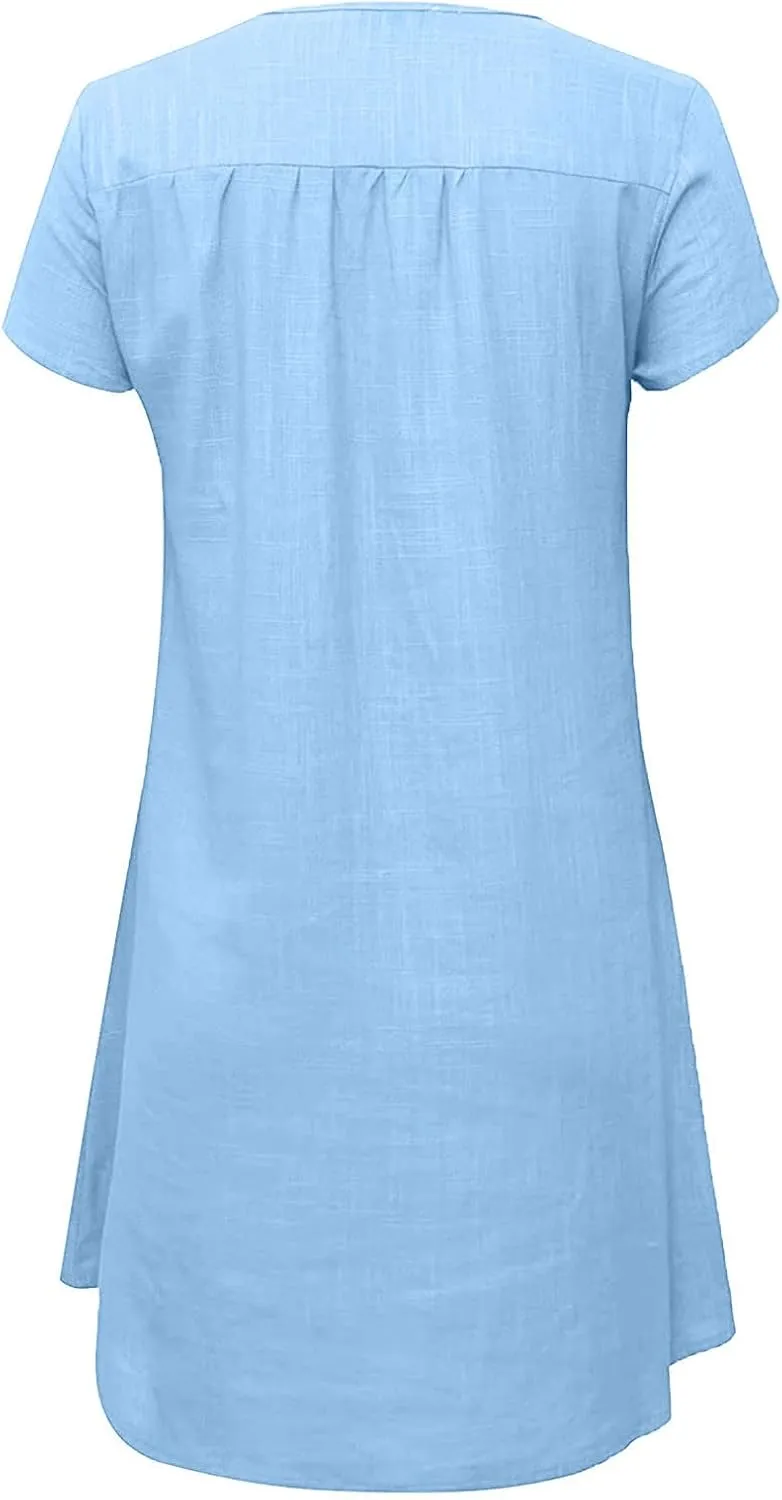 Womens Cotton Linen Sun Dress Short Sleeve V-Neck Beach Dress Solid Color Lightweight Casual Dresses
