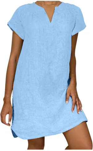 Womens Cotton Linen Sun Dress Short Sleeve V-Neck Beach Dress Solid Color Lightweight Casual Dresses