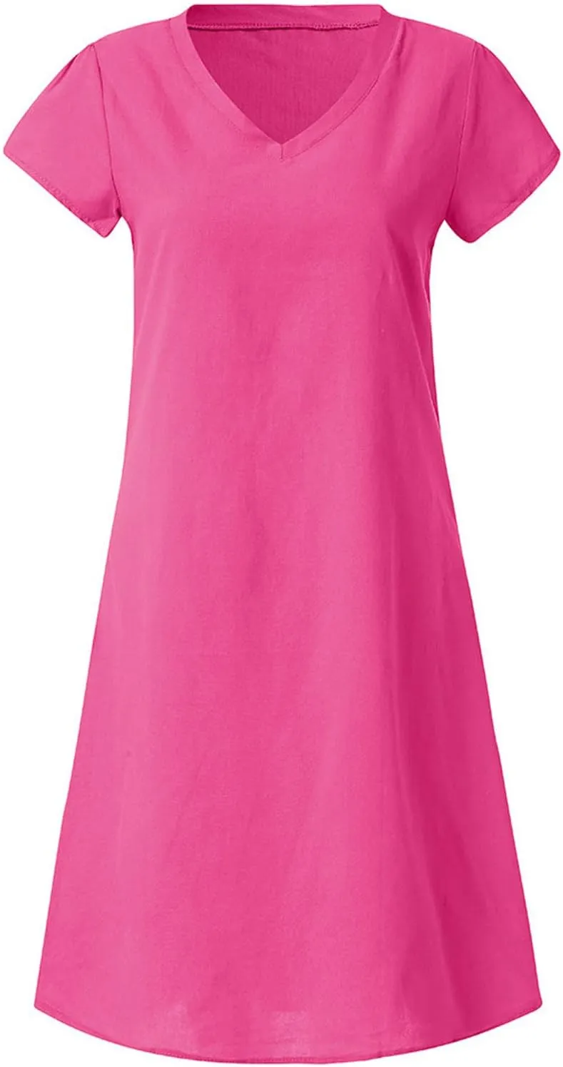 Womens Cotton Linen Sun Dress Short Sleeve V-Neck Beach Dress Solid Color Lightweight Casual Dresses