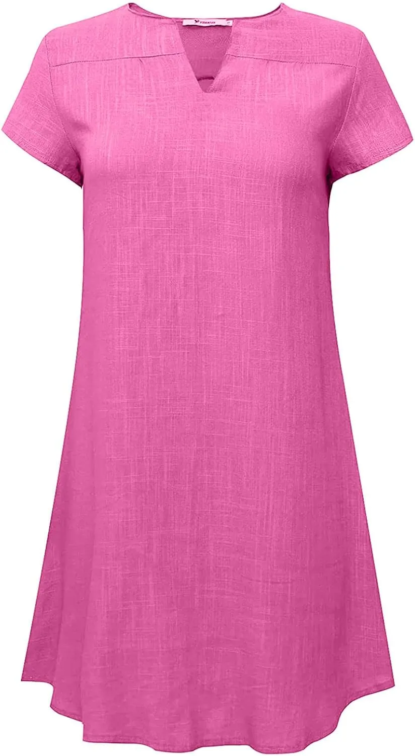 Womens Cotton Linen Sun Dress Short Sleeve V-Neck Beach Dress Solid Color Lightweight Casual Dresses