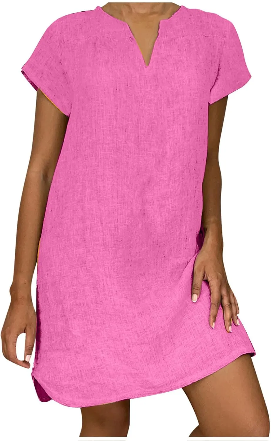 Womens Cotton Linen Sun Dress Short Sleeve V-Neck Beach Dress Solid Color Lightweight Casual Dresses