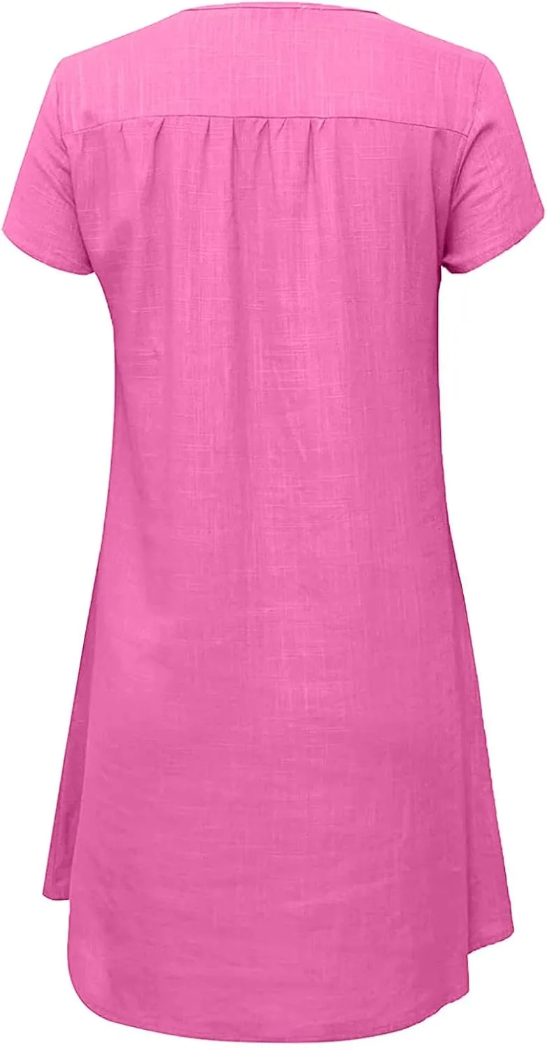Womens Cotton Linen Sun Dress Short Sleeve V-Neck Beach Dress Solid Color Lightweight Casual Dresses