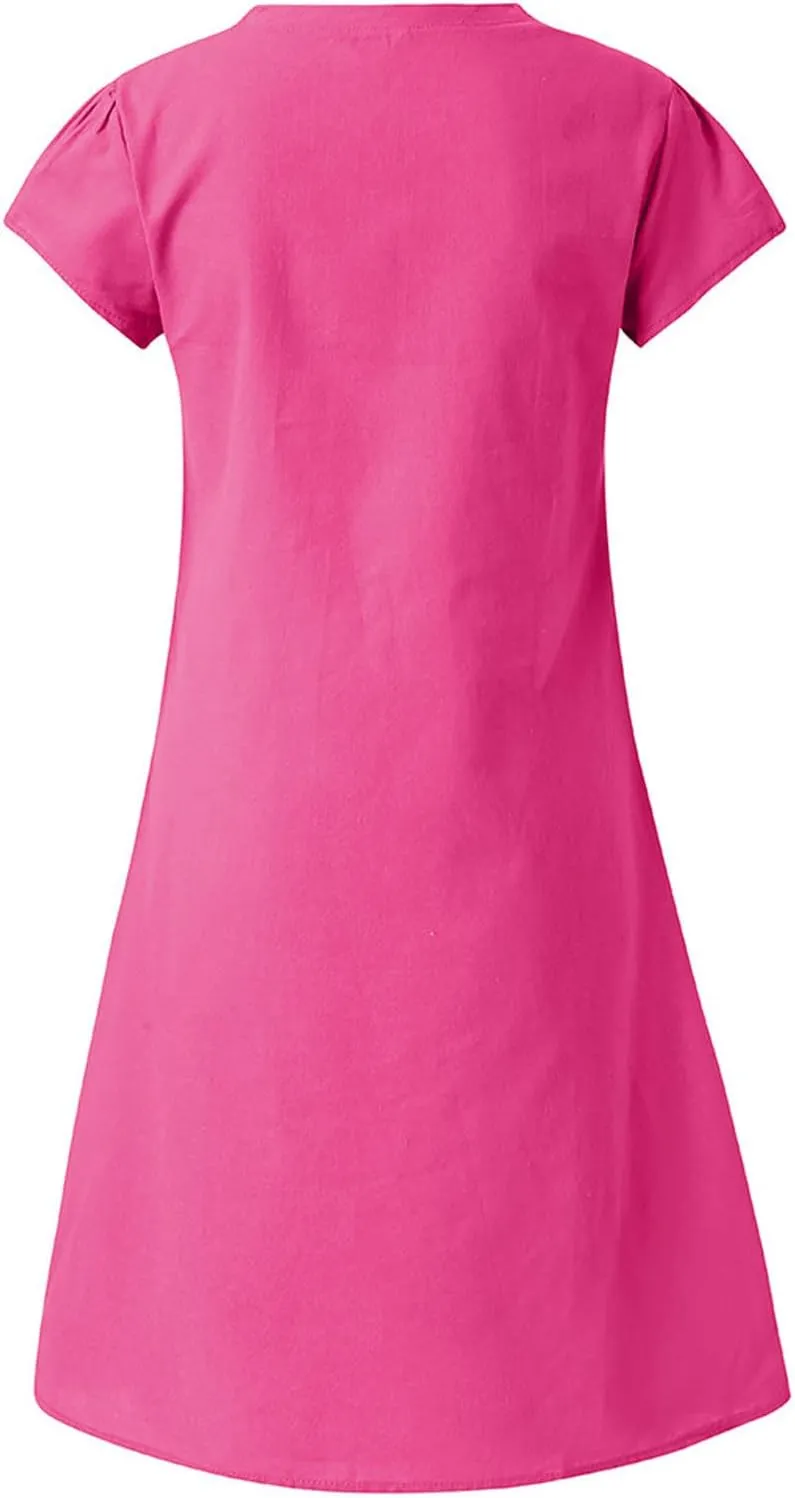 Womens Cotton Linen Sun Dress Short Sleeve V-Neck Beach Dress Solid Color Lightweight Casual Dresses