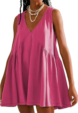 Women's Cute Mini Dress Sleeveless V Neck Flowy Short Babydoll Dresses Summer Loose Party Beach Sundress with Pockets