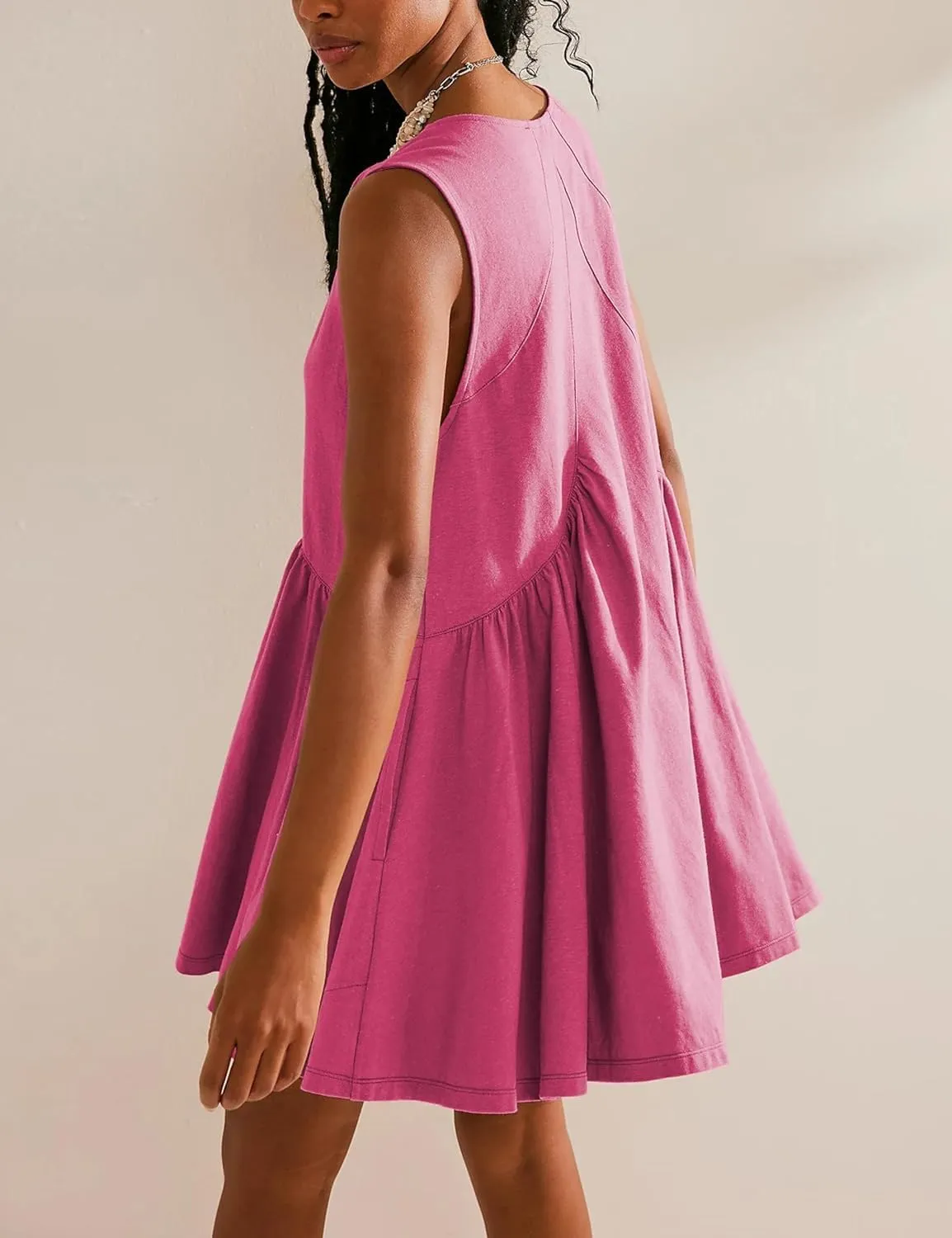 Women's Cute Mini Dress Sleeveless V Neck Flowy Short Babydoll Dresses Summer Loose Party Beach Sundress with Pockets