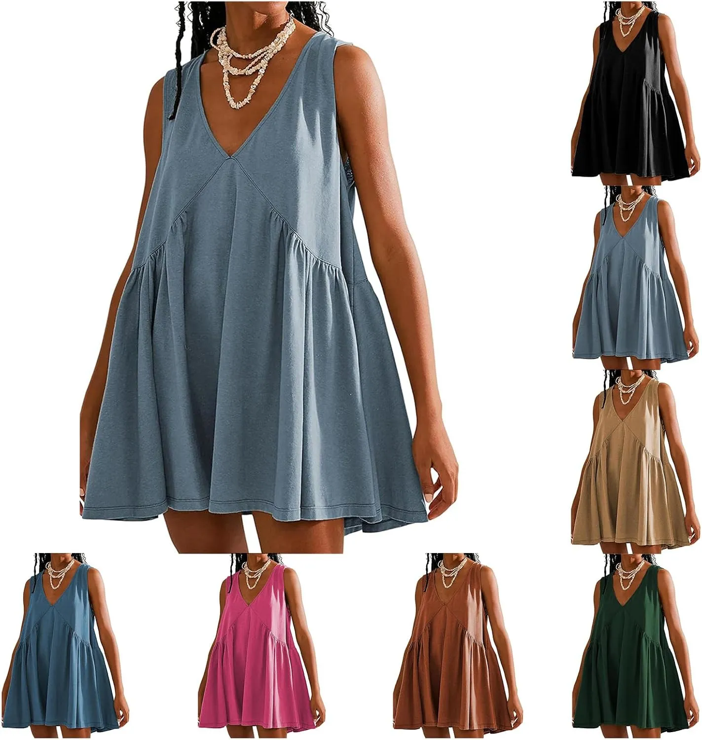 Women's Cute Mini Dress Sleeveless V Neck Flowy Short Babydoll Dresses Summer Loose Party Beach Sundress with Pockets