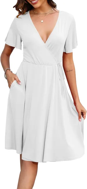 Women's Dress Casual Short Sleeve V-Neck Floral Party Dress with Pockets Split Elastic Waist Tie Mini Dresses