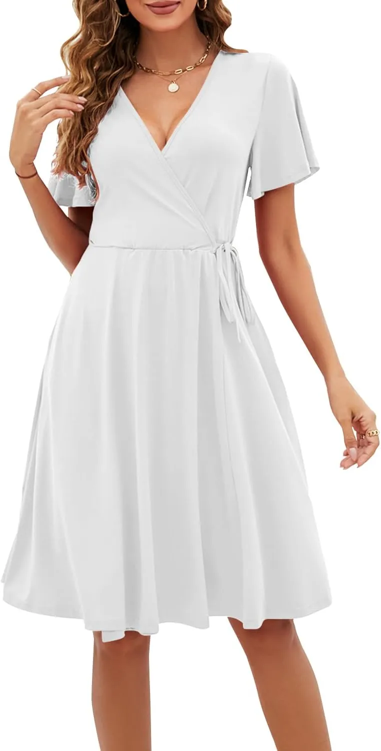 Women's Dress Casual Short Sleeve V-Neck Floral Party Dress with Pockets Split Elastic Waist Tie Mini Dresses