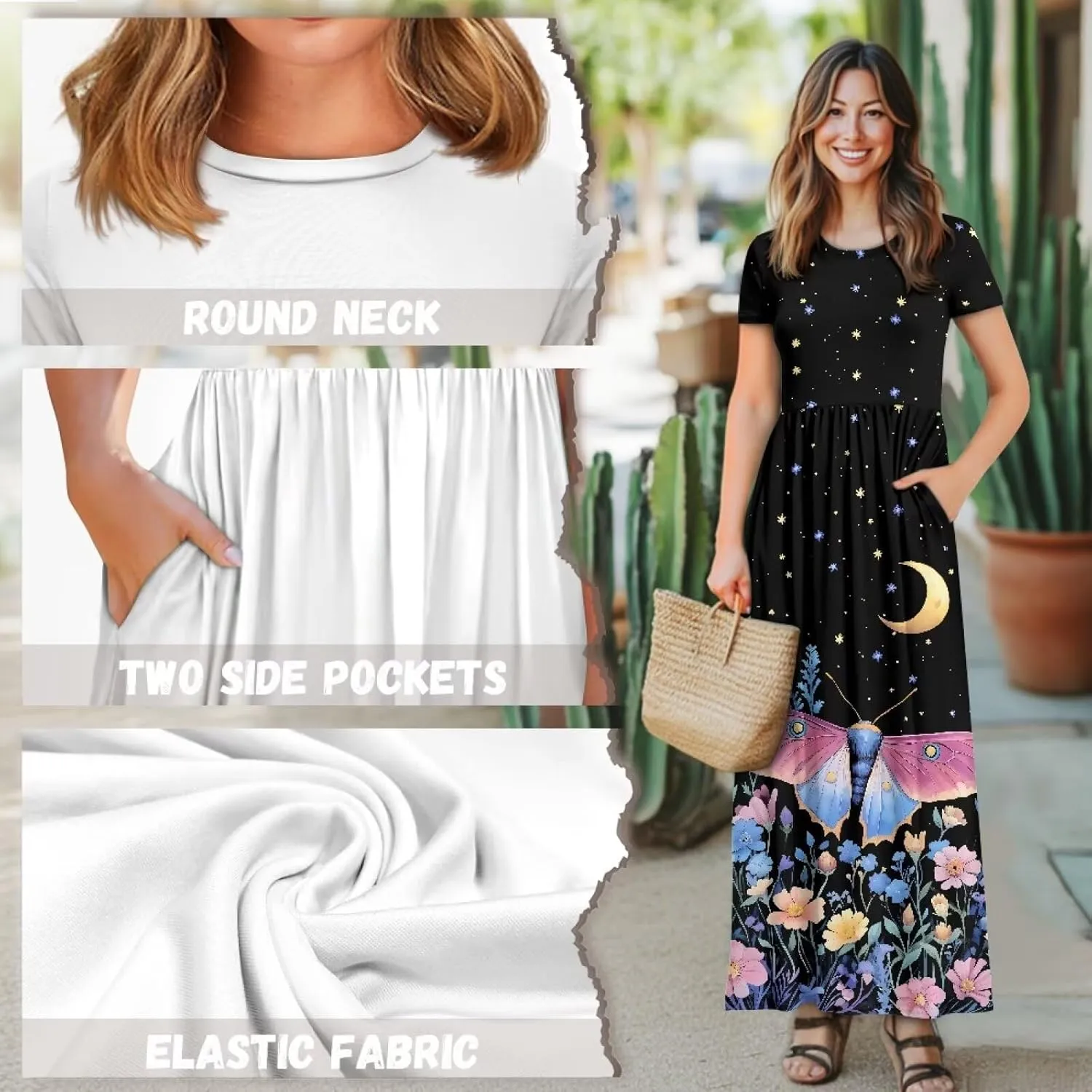 Women's Dress Crewneck Short Sleeve A-Line Dress Causal Long Sundress Summer Beach Clothes with Pockets