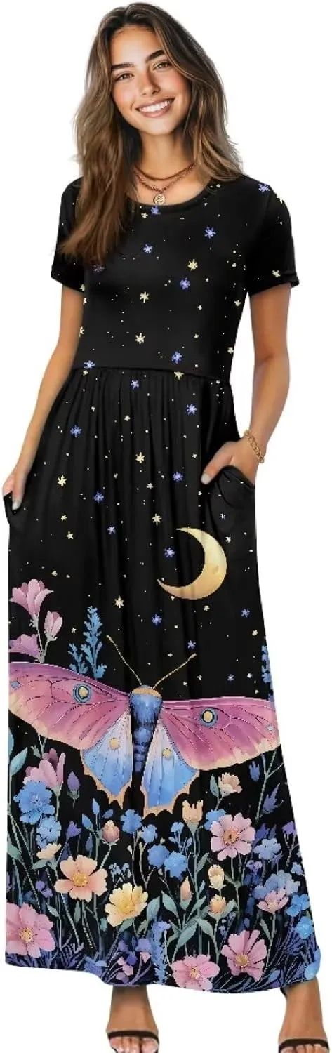 Women's Dress Crewneck Short Sleeve A-Line Dress Causal Long Sundress Summer Beach Clothes with Pockets
