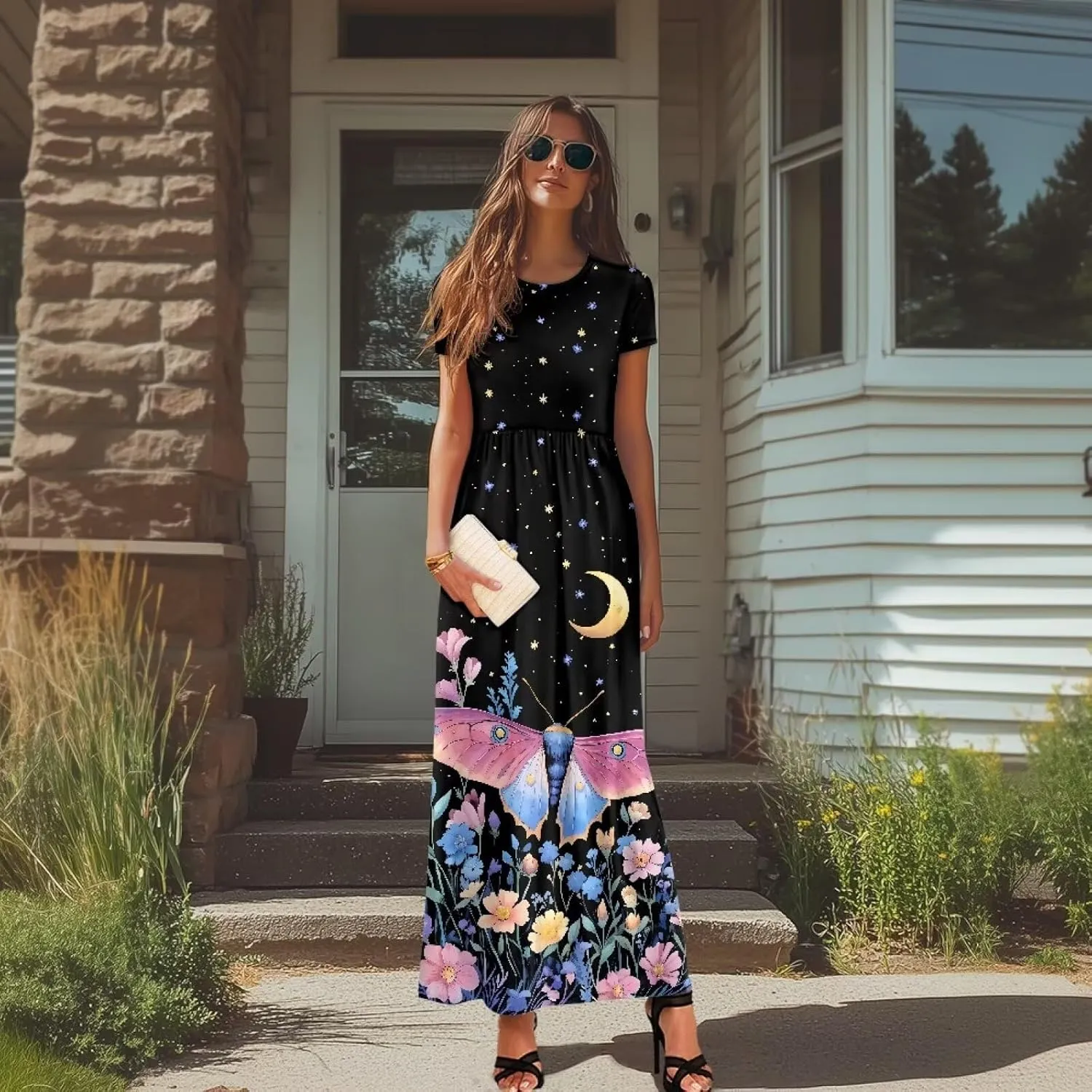 Women's Dress Crewneck Short Sleeve A-Line Dress Causal Long Sundress Summer Beach Clothes with Pockets