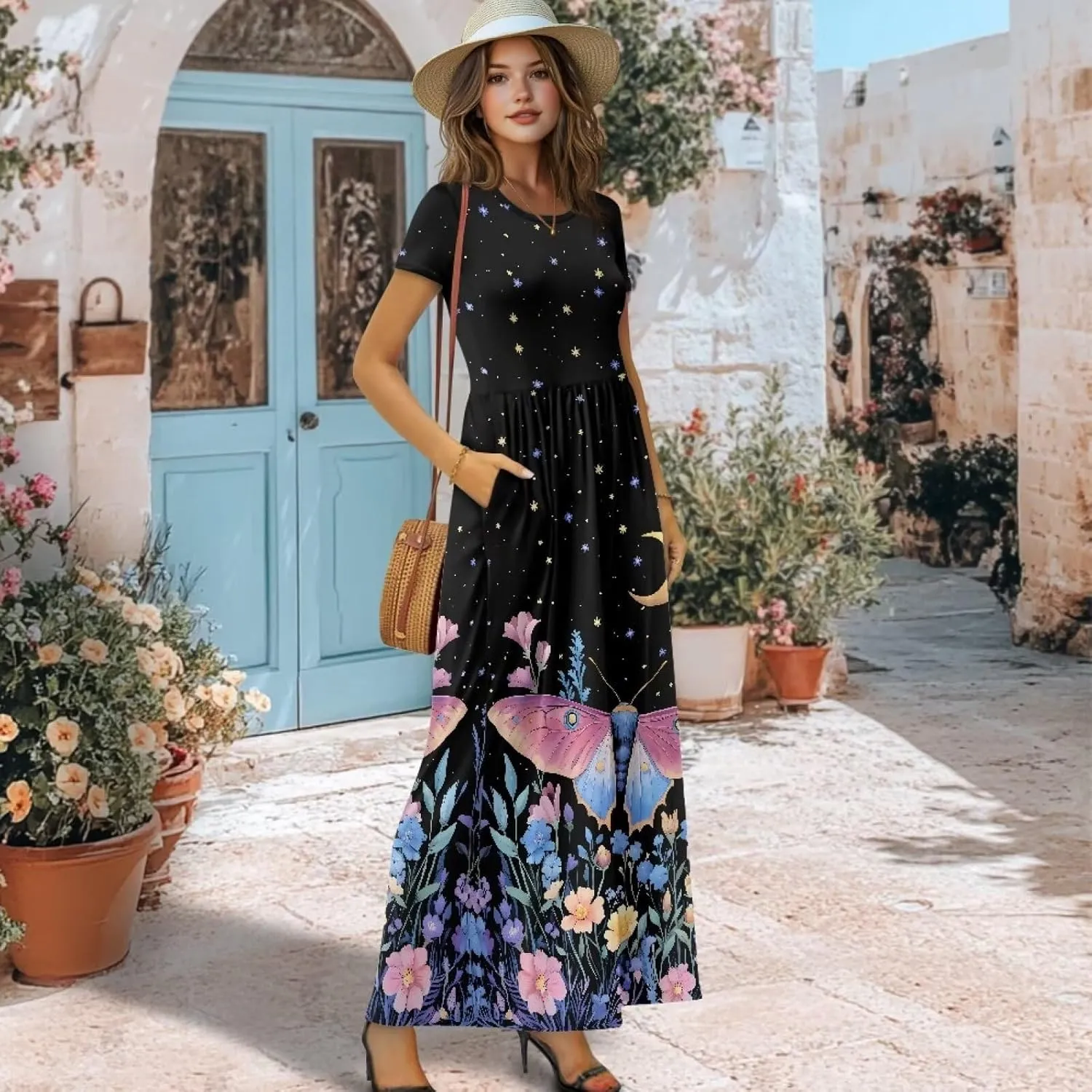 Women's Dress Crewneck Short Sleeve A-Line Dress Causal Long Sundress Summer Beach Clothes with Pockets