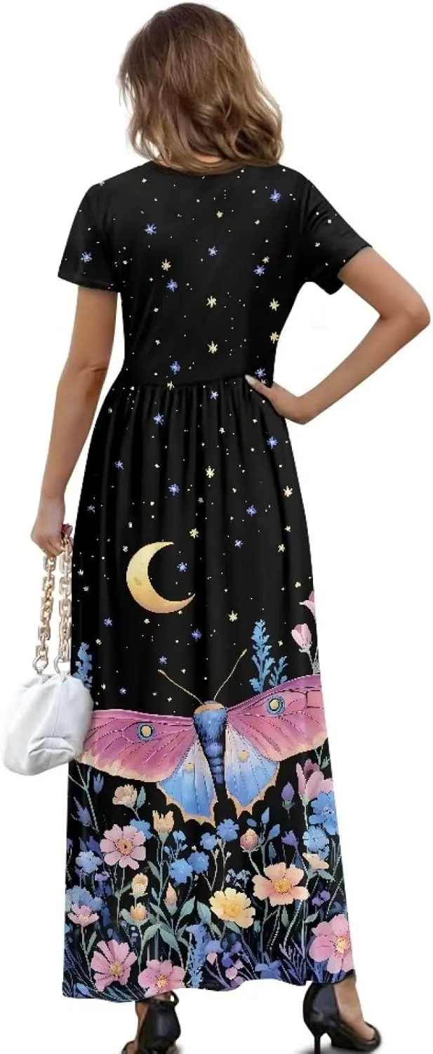 Women's Dress Crewneck Short Sleeve A-Line Dress Causal Long Sundress Summer Beach Clothes with Pockets