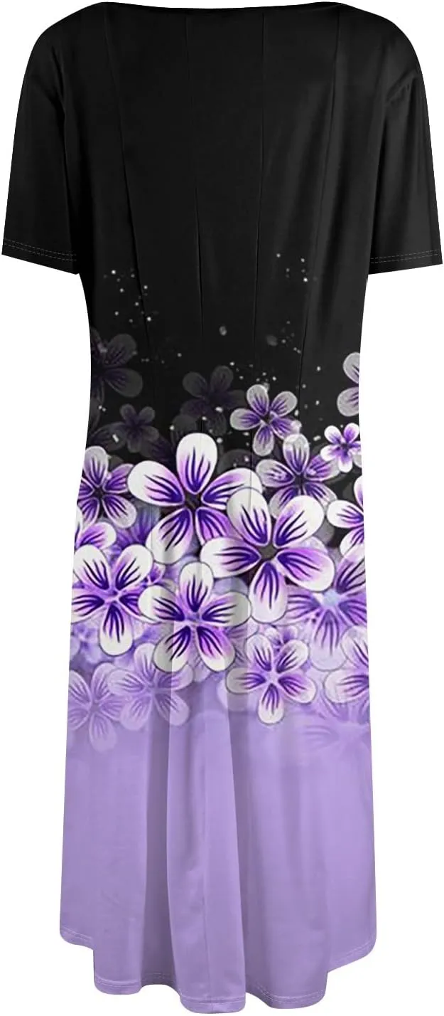 Womens Dresses 2025 Summer Midi Sun Dress Vacation Cinch Waist Crewneck Short Sleeve A Line Dress Side Pockets