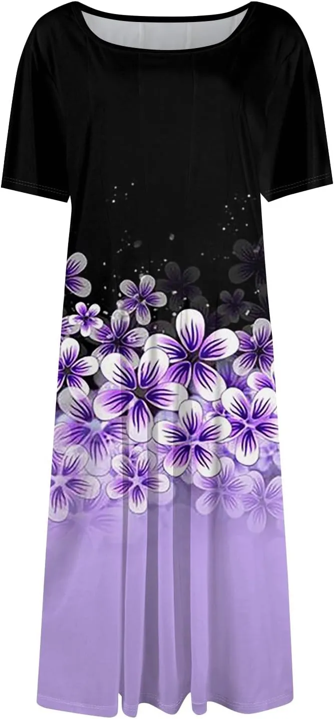 Womens Dresses 2025 Summer Midi Sun Dress Vacation Cinch Waist Crewneck Short Sleeve A Line Dress Side Pockets