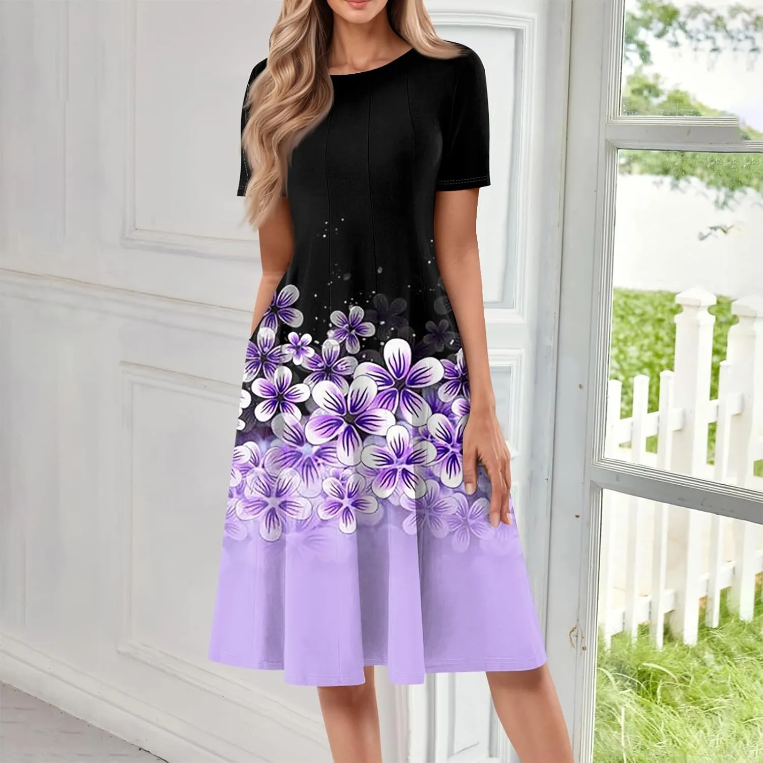 Womens Dresses 2025 Summer Midi Sun Dress Vacation Cinch Waist Crewneck Short Sleeve A Line Dress Side Pockets