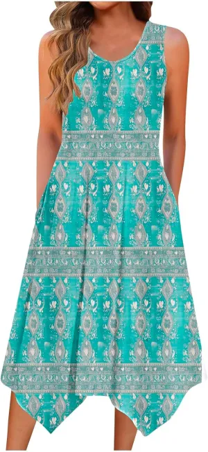Womens Dresses Fashion Sleeveless Empire Waist Dress with Pockets Sundresses Ruffle Flowy a-Line Beach Mini Dress