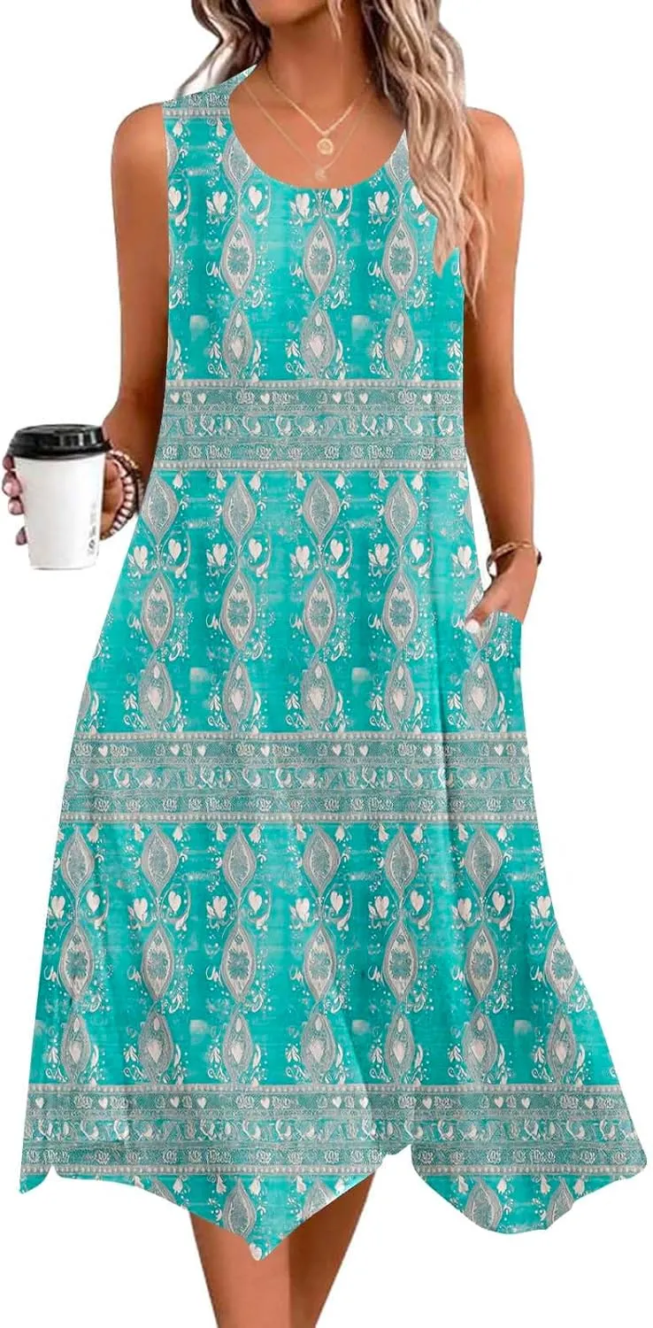Womens Dresses Fashion Sleeveless Empire Waist Dress with Pockets Sundresses Ruffle Flowy a-Line Beach Mini Dress