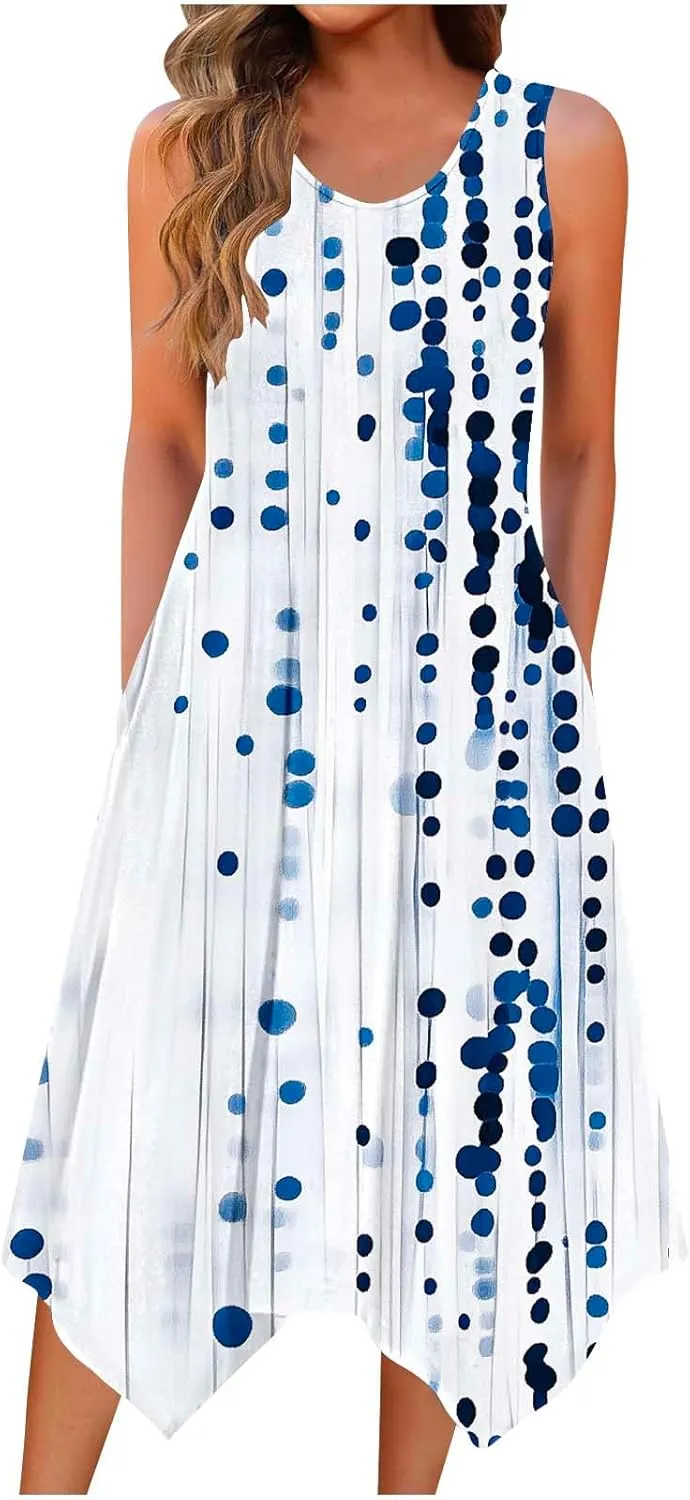 Womens Dresses Fashion Sleeveless Empire Waist Dress with Pockets Sundresses Ruffle Flowy a-Line Beach Mini Dress