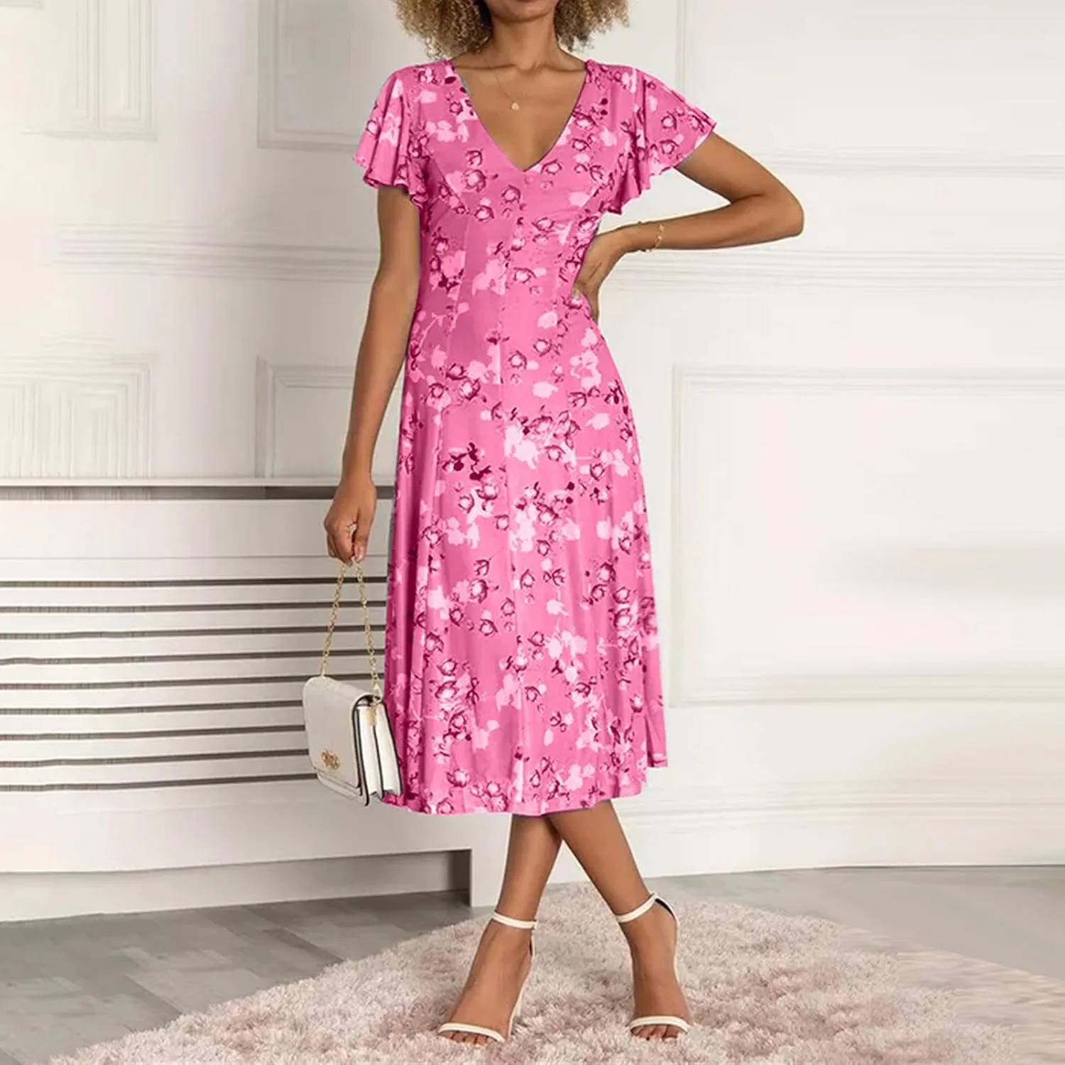 Womens Dresses Spring Summer Swing Casual Fitted Maxi Dresses for Women 2025 Ruffle Short Sleeve