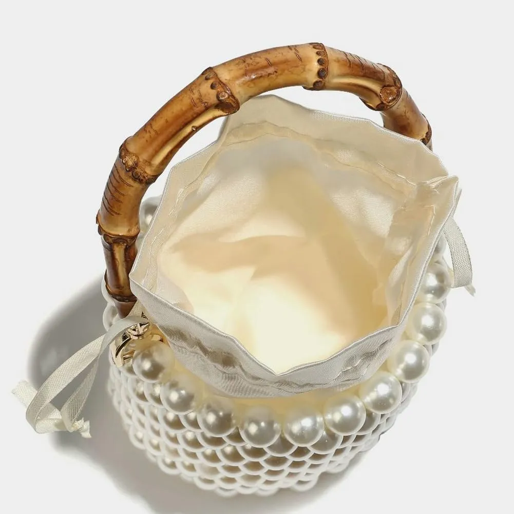 Womens Elegant Bucket Clutch Small Pearl Beaded Crossbody Shoulder Bag Handbag Ladies Tote Purse for Party Wedding