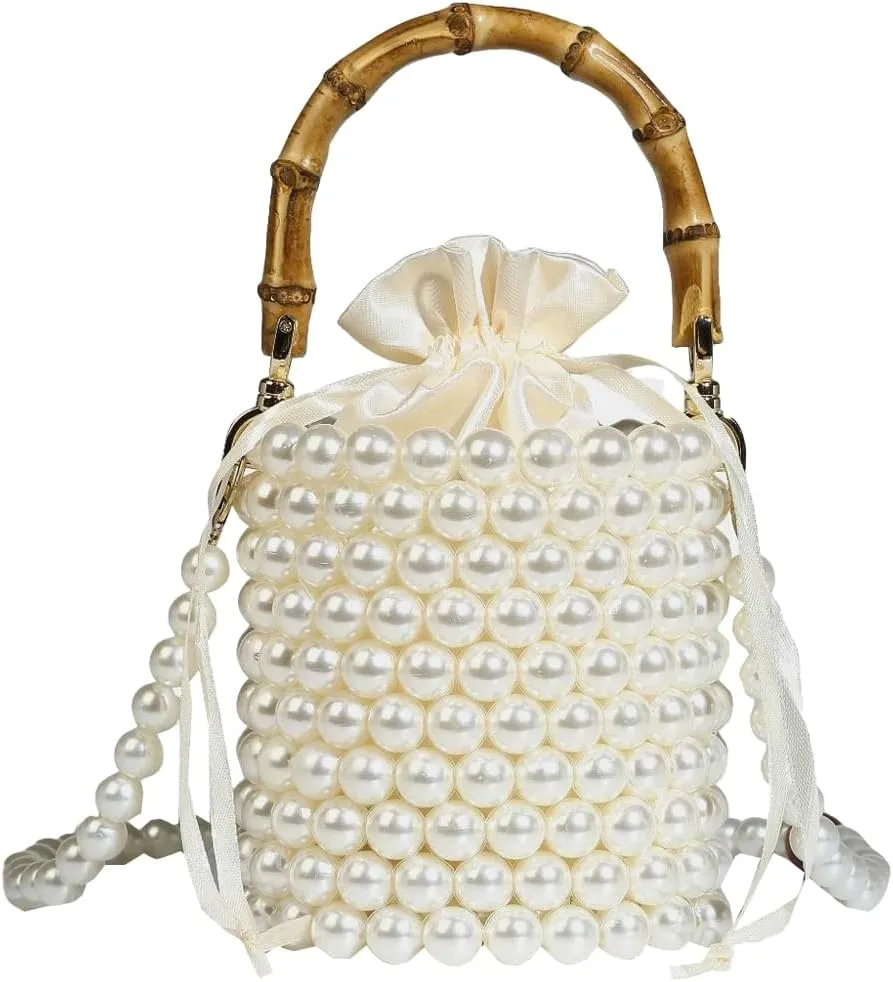 Womens Elegant Bucket Clutch Small Pearl Beaded Crossbody Shoulder Bag Handbag Ladies Tote Purse for Party Wedding