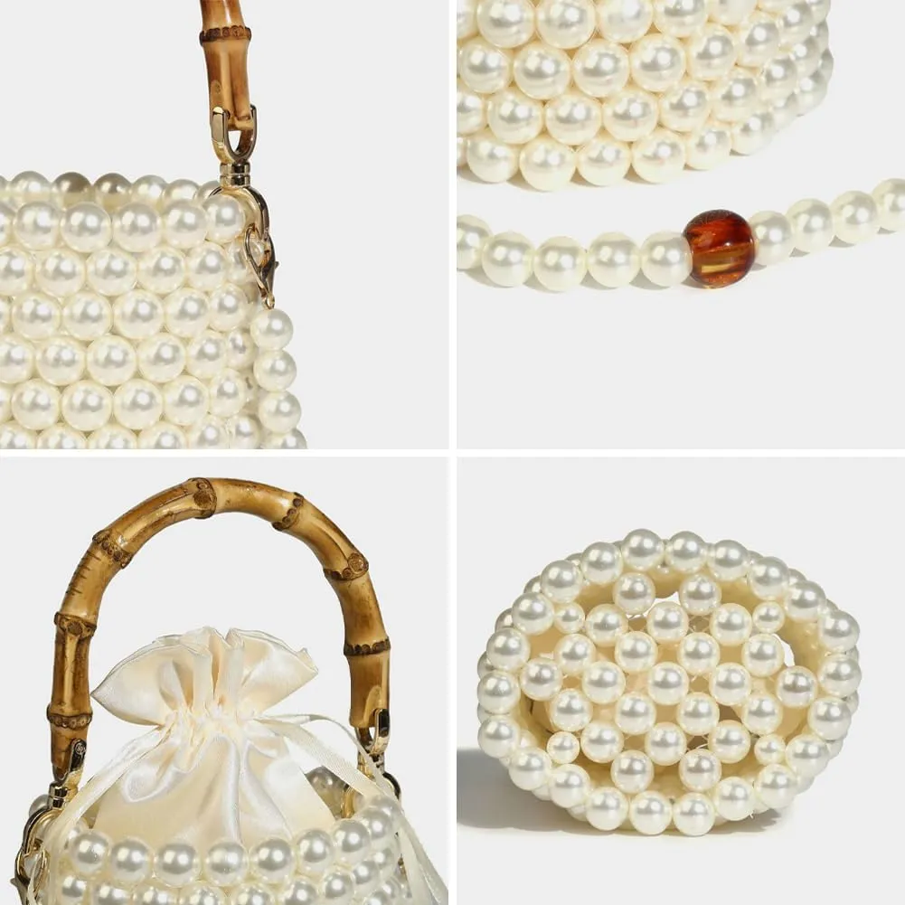 Womens Elegant Bucket Clutch Small Pearl Beaded Crossbody Shoulder Bag Handbag Ladies Tote Purse for Party Wedding