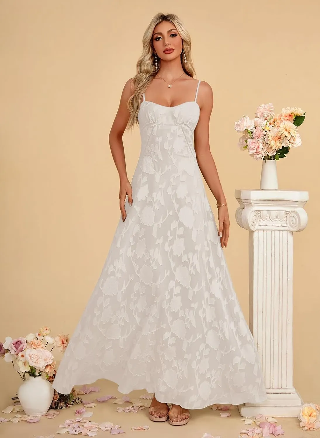 Women's Elegant Wedding Guest Dress Spaghetti Straps Floral Sleeveless Formal Dress Maxi Gown