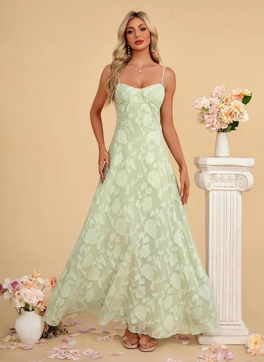 Women's Elegant Wedding Guest Dress Spaghetti Straps Floral Sleeveless Formal Dress Maxi Gown