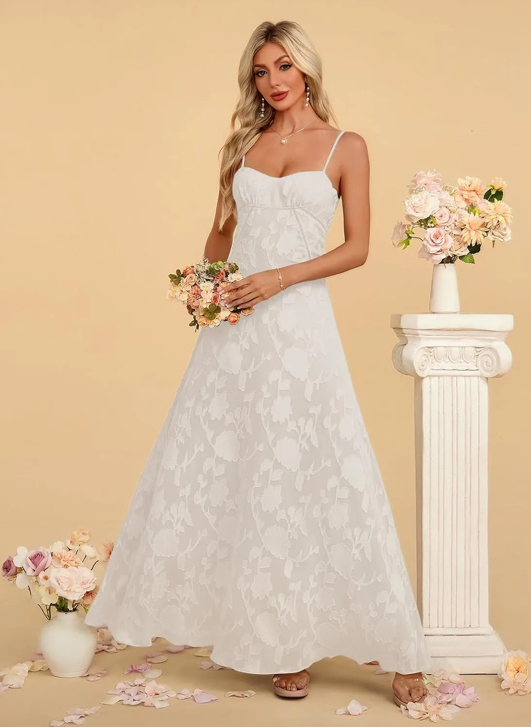 Women's Elegant Wedding Guest Dress Spaghetti Straps Floral Sleeveless Formal Dress Maxi Gown