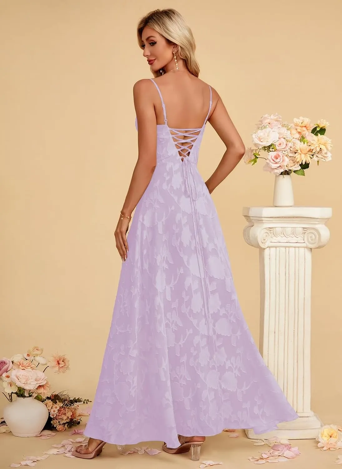 Women's Elegant Wedding Guest Dress Spaghetti Straps Floral Sleeveless Formal Dress Maxi Gown