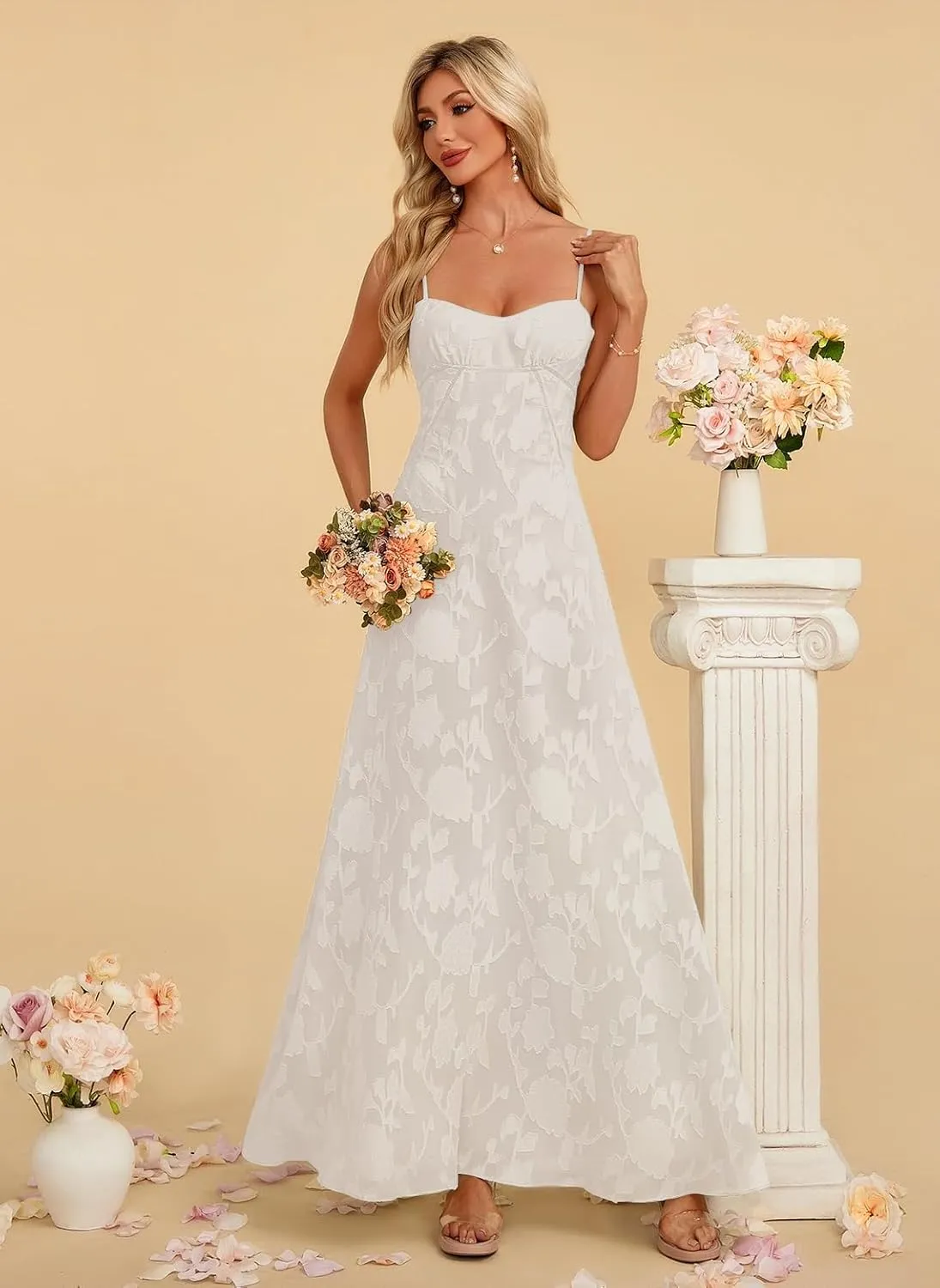 Women's Elegant Wedding Guest Dress Spaghetti Straps Floral Sleeveless Formal Dress Maxi Gown