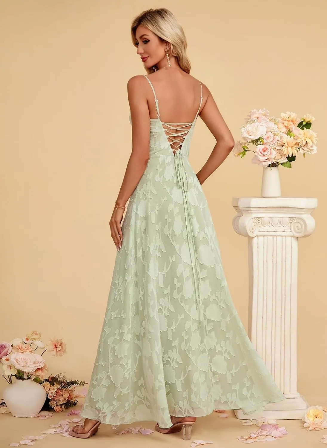 Women's Elegant Wedding Guest Dress Spaghetti Straps Floral Sleeveless Formal Dress Maxi Gown