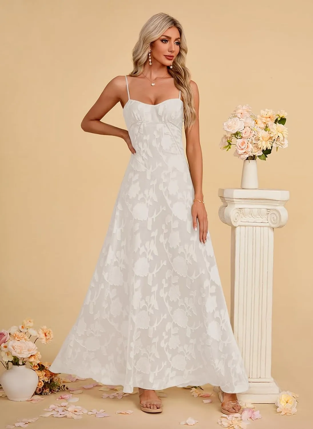 Women's Elegant Wedding Guest Dress Spaghetti Straps Floral Sleeveless Formal Dress Maxi Gown