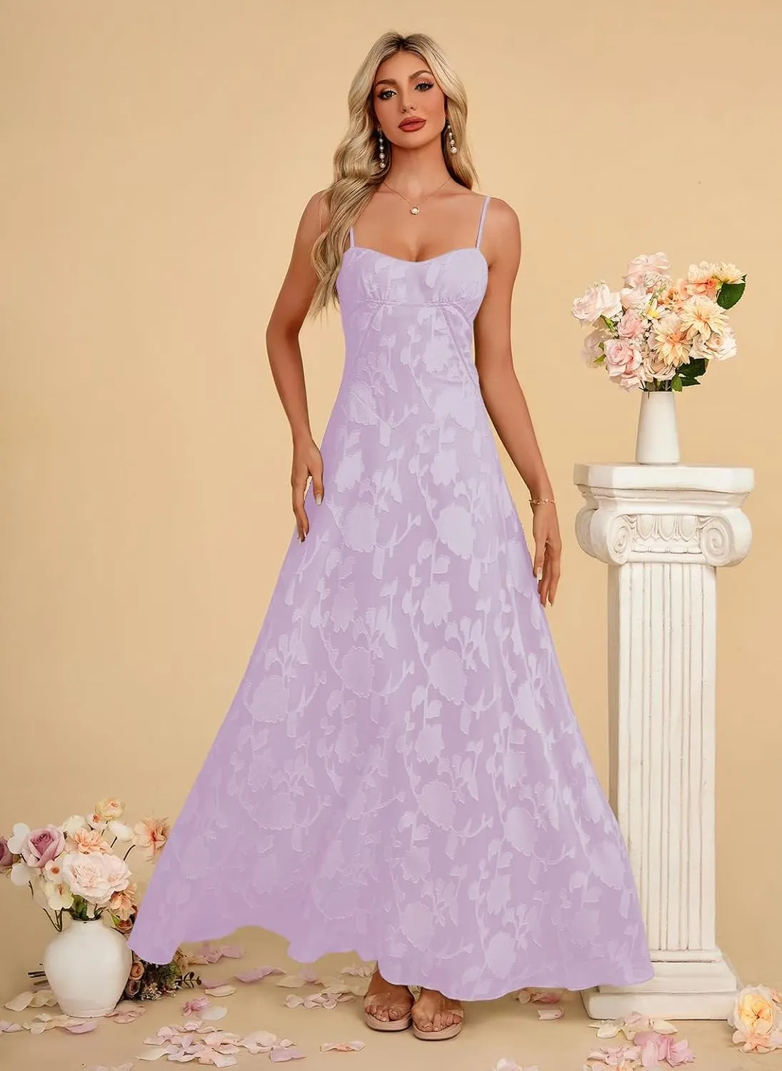 Women's Elegant Wedding Guest Dress Spaghetti Straps Floral Sleeveless Formal Dress Maxi Gown