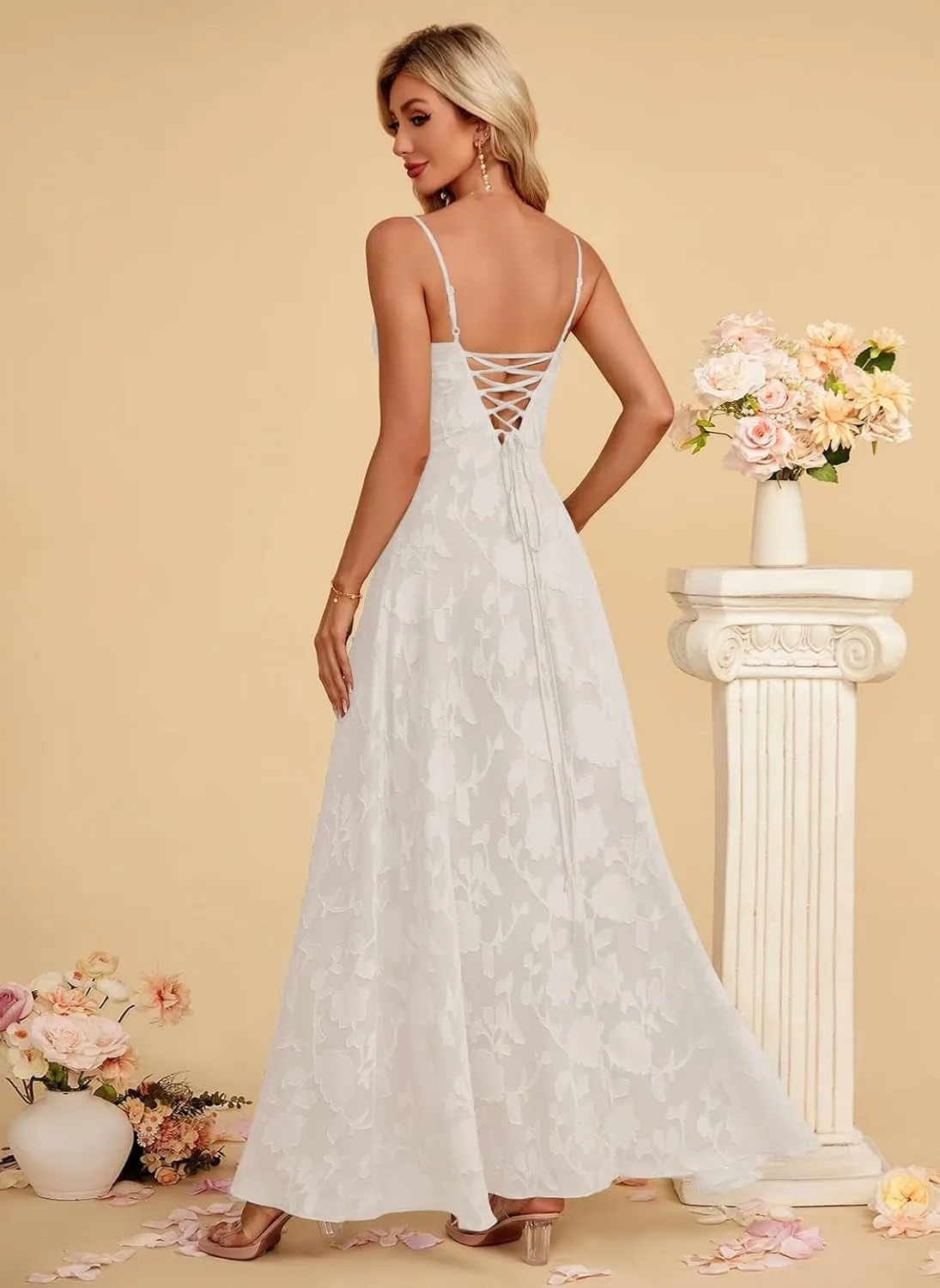 Women's Elegant Wedding Guest Dress Spaghetti Straps Floral Sleeveless Formal Dress Maxi Gown
