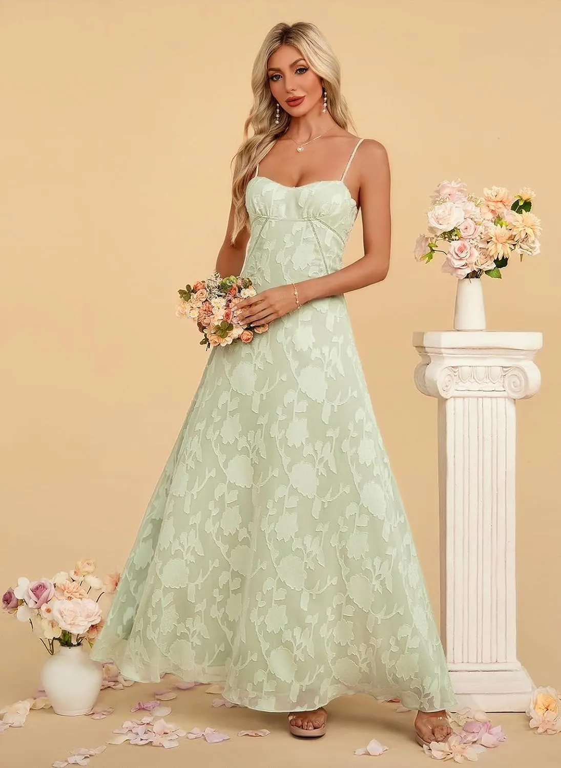 Women's Elegant Wedding Guest Dress Spaghetti Straps Floral Sleeveless Formal Dress Maxi Gown