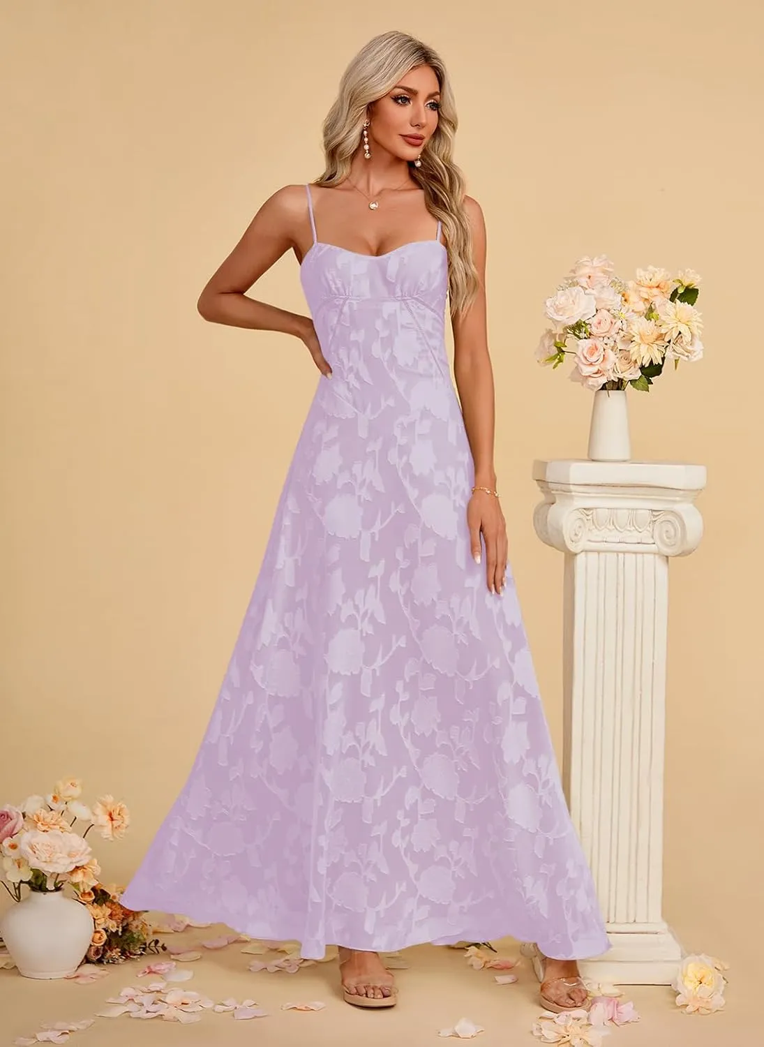 Women's Elegant Wedding Guest Dress Spaghetti Straps Floral Sleeveless Formal Dress Maxi Gown