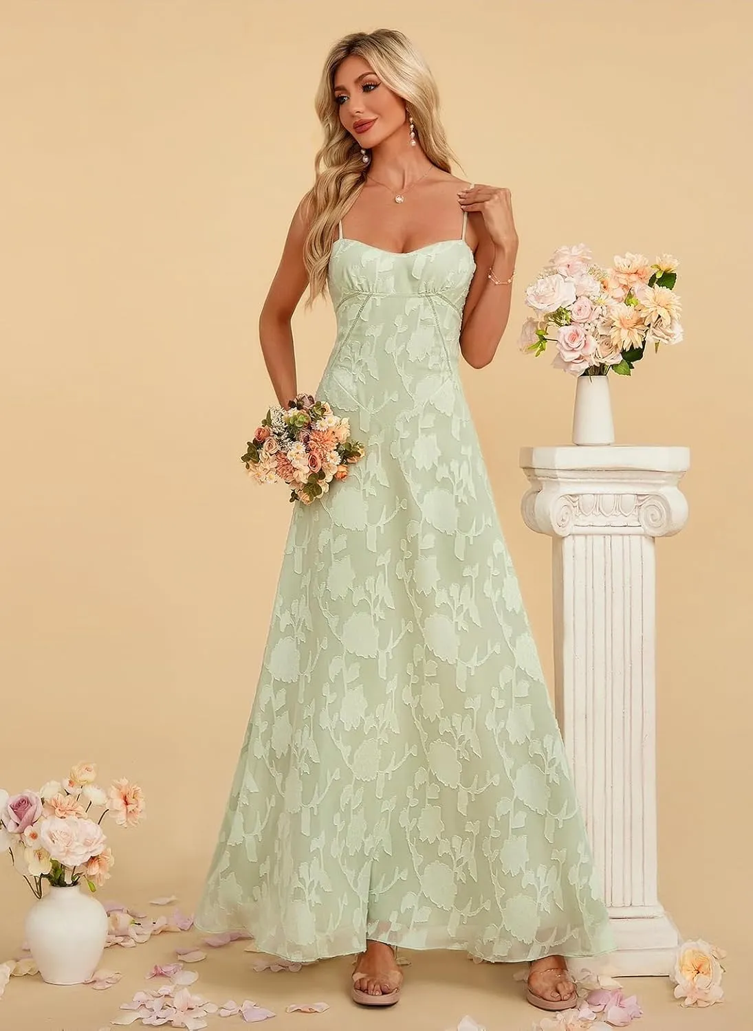 Women's Elegant Wedding Guest Dress Spaghetti Straps Floral Sleeveless Formal Dress Maxi Gown