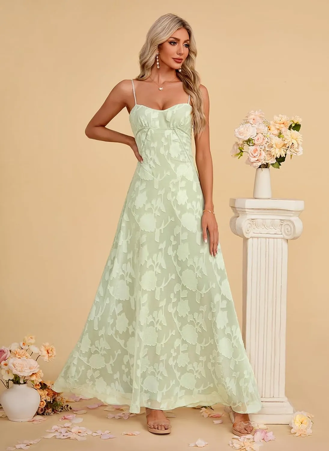 Women's Elegant Wedding Guest Dress Spaghetti Straps Floral Sleeveless Formal Dress Maxi Gown