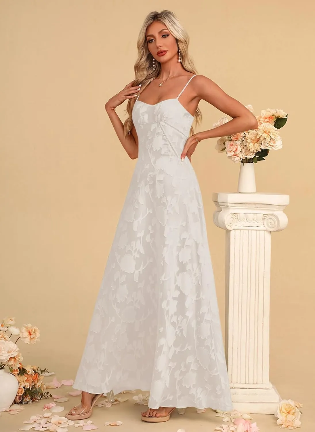 Women's Elegant Wedding Guest Dress Spaghetti Straps Floral Sleeveless Formal Dress Maxi Gown