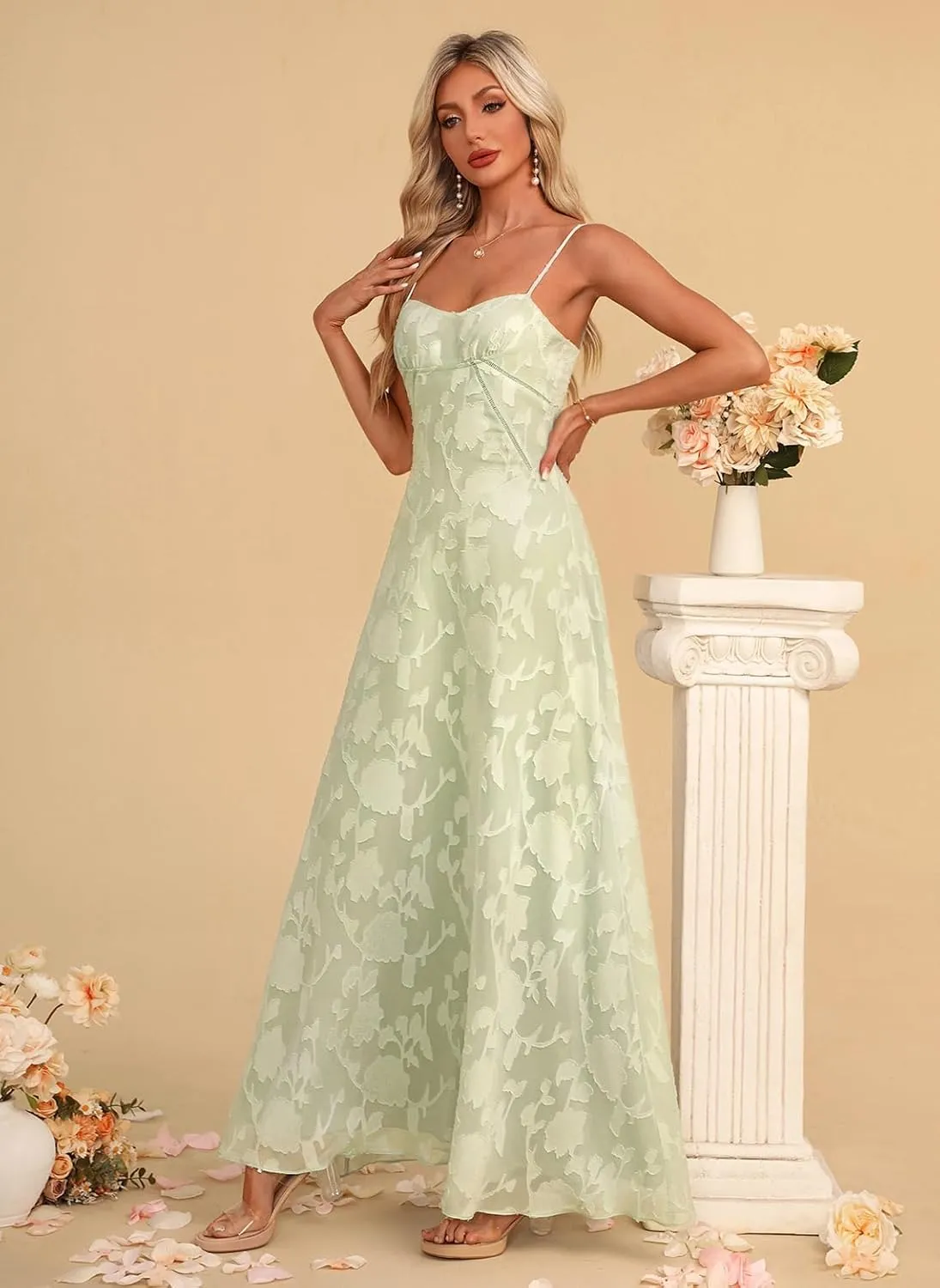 Women's Elegant Wedding Guest Dress Spaghetti Straps Floral Sleeveless Formal Dress Maxi Gown