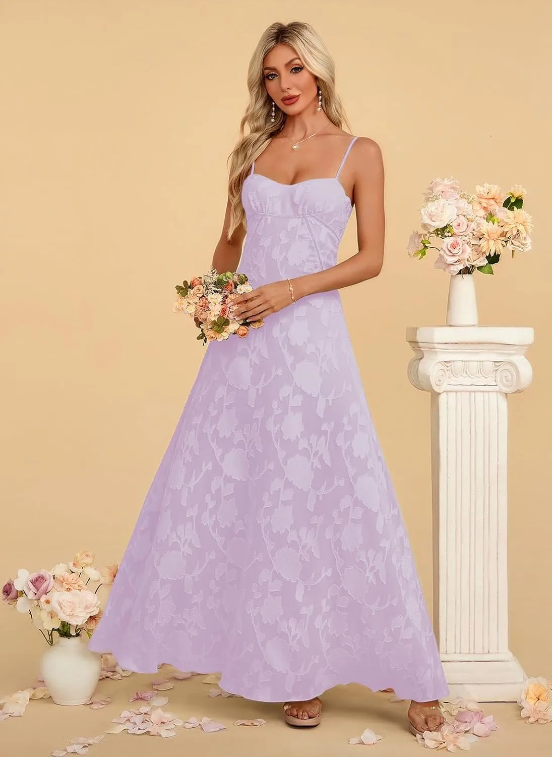 Women's Elegant Wedding Guest Dress Spaghetti Straps Floral Sleeveless Formal Dress Maxi Gown