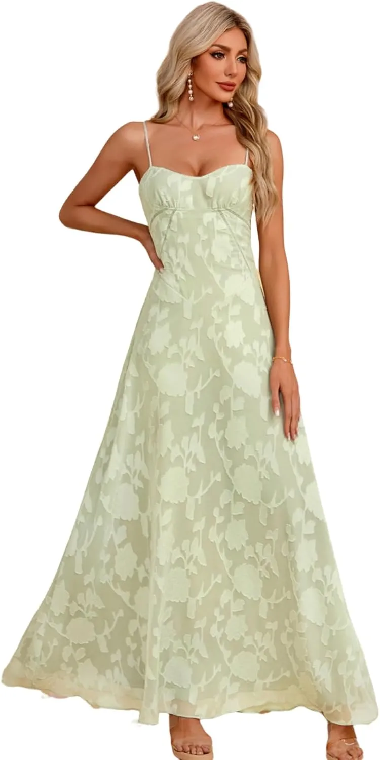 Women's Elegant Wedding Guest Dress Spaghetti Straps Floral Sleeveless Formal Dress Maxi Gown