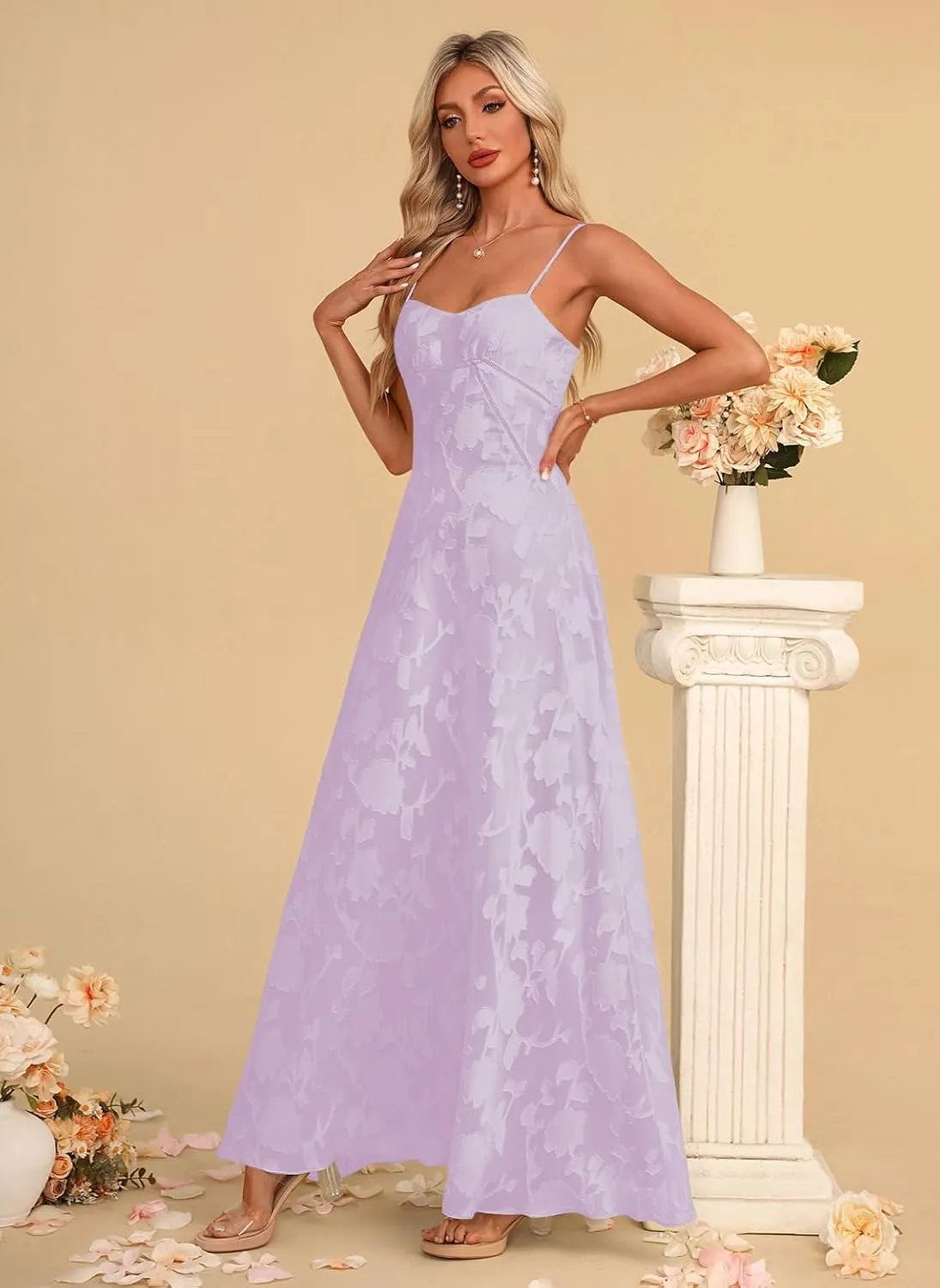 Women's Elegant Wedding Guest Dress Spaghetti Straps Floral Sleeveless Formal Dress Maxi Gown