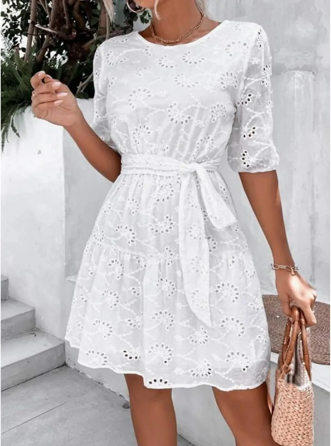 Womens Fashion 2024 Summer Dresses Crochet Swiss Dot Ruffle Mini Dress Flowy Soft Cotton Dressy Loose Beach Boho Dress