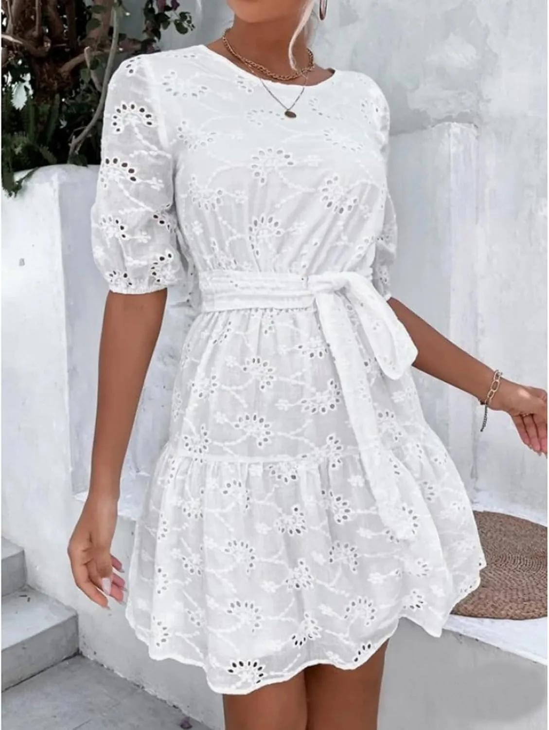 Womens Fashion 2024 Summer Dresses Crochet Swiss Dot Ruffle Mini Dress Flowy Soft Cotton Dressy Loose Beach Boho Dress