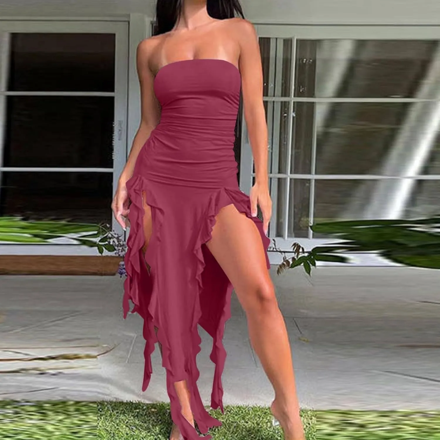 Women's Fashion Dresses Strapless Sexy Wrap Summer Casual Dress Solid Beach Vacation Maxi Bodycon Dresses