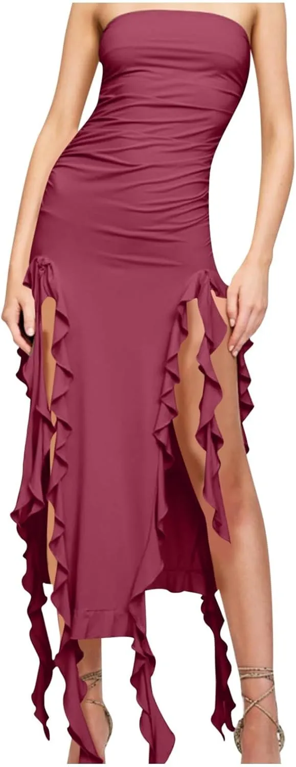 Women's Fashion Dresses Strapless Sexy Wrap Summer Casual Dress Solid Beach Vacation Maxi Bodycon Dresses